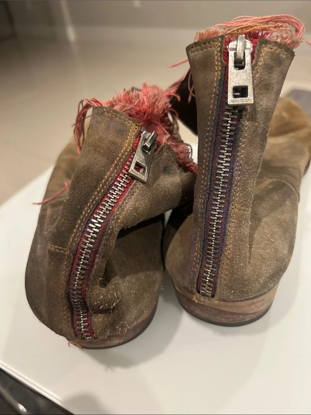 Zadig & Voltaire Brown Suede Chukka Boots with Pink Fringed Collar
